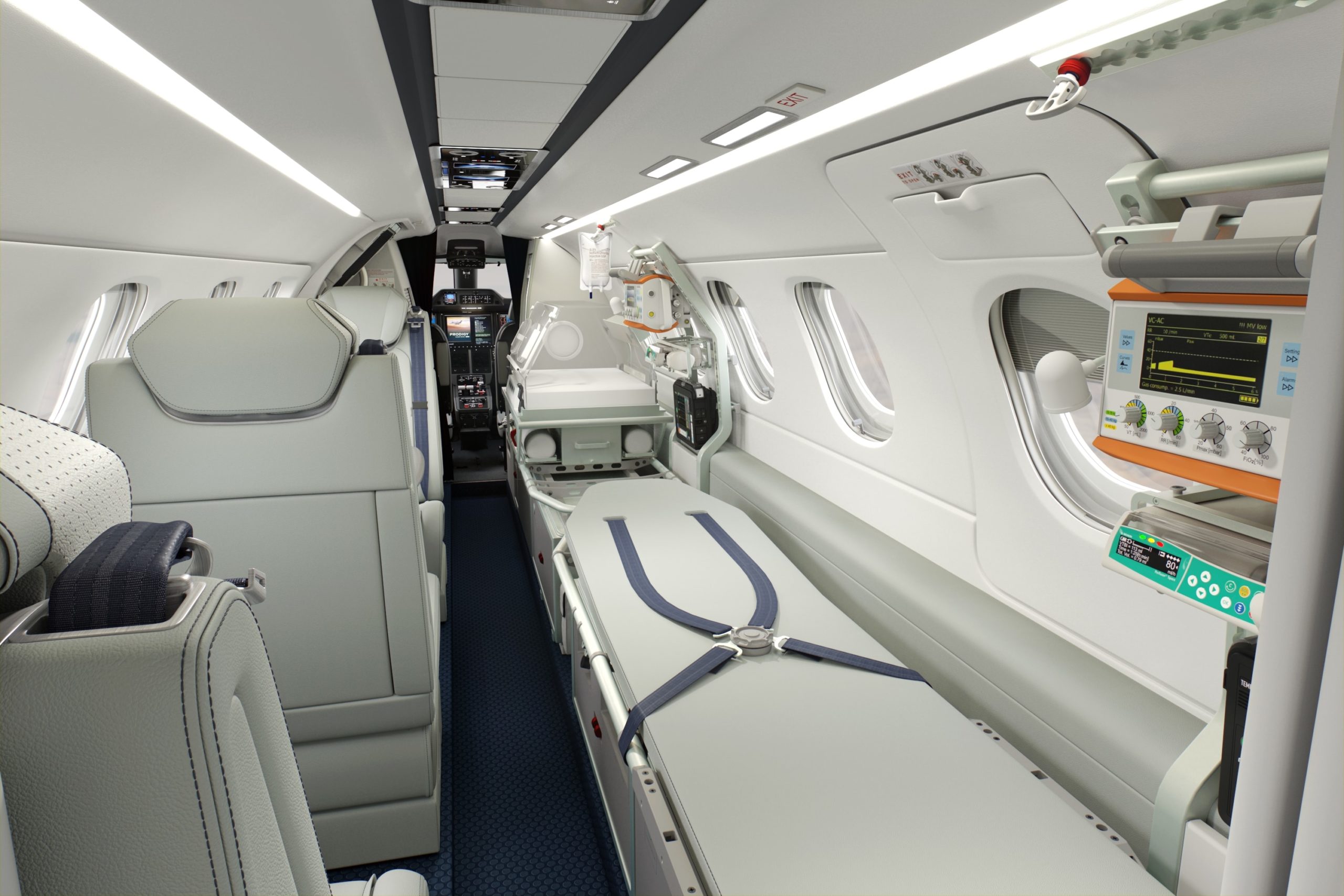 La cabine du Phenom 300MED avec des brancards